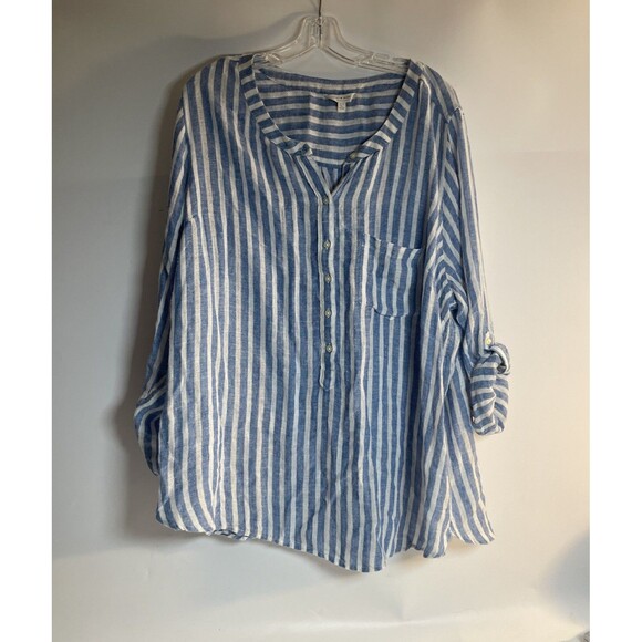 Lucky Brand Top Womens Large Linen Shirt Gauzey Blue Boho Long Sleeve Size 2XL - Picture 1 of 5